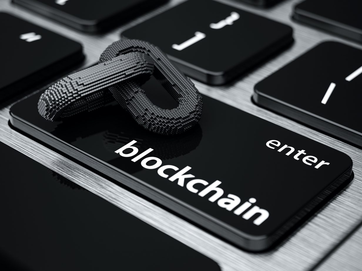 Blockchain displayed on an enter button alongside chains from a complete blockchain