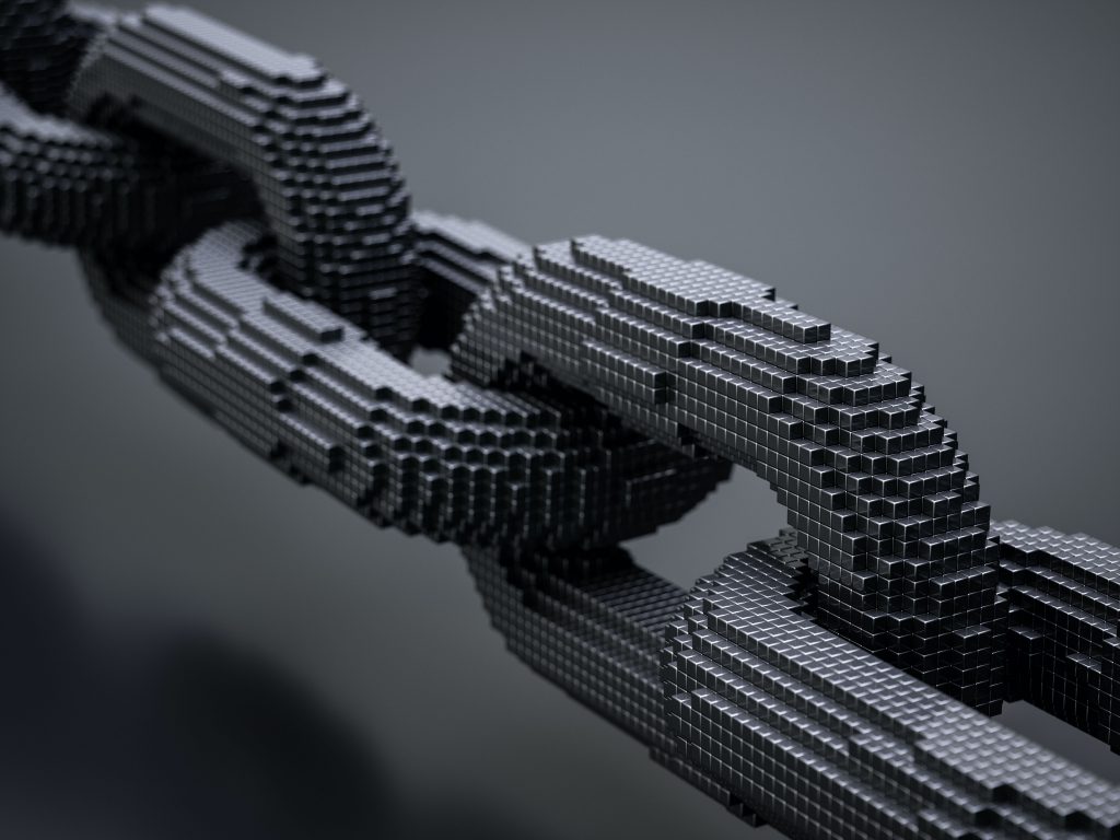 A detailed chain taken from a blockchain with individual blocks visible